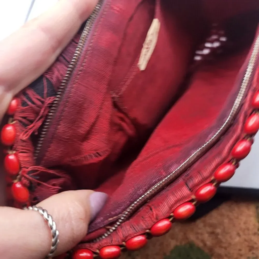 Antique Woven Wooden Beaded Clutch Handbag Made in Czechoslovakia 10in by 6in